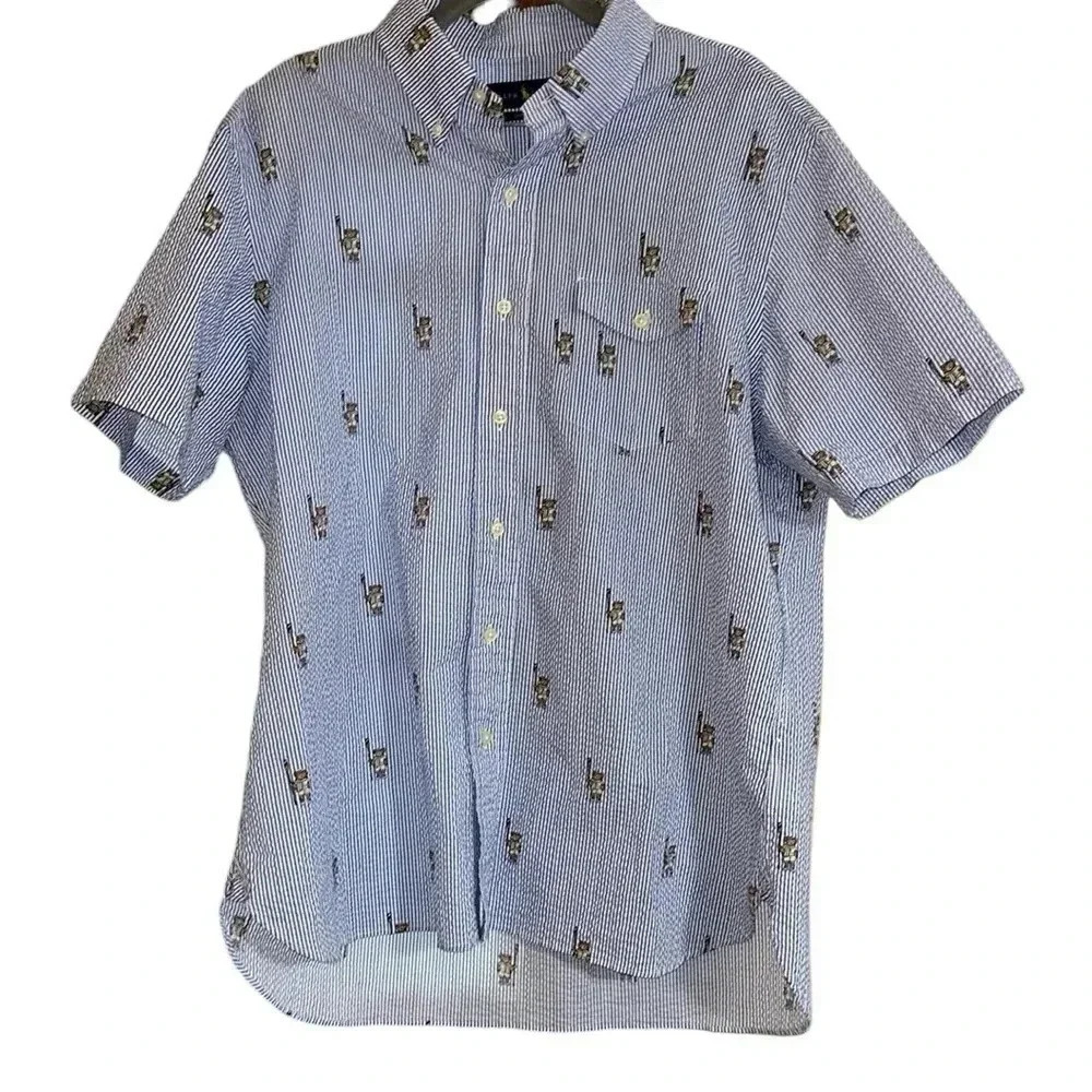 Ralph Lauren Seersucker Short Sleeve Button Down Shirt Size Large